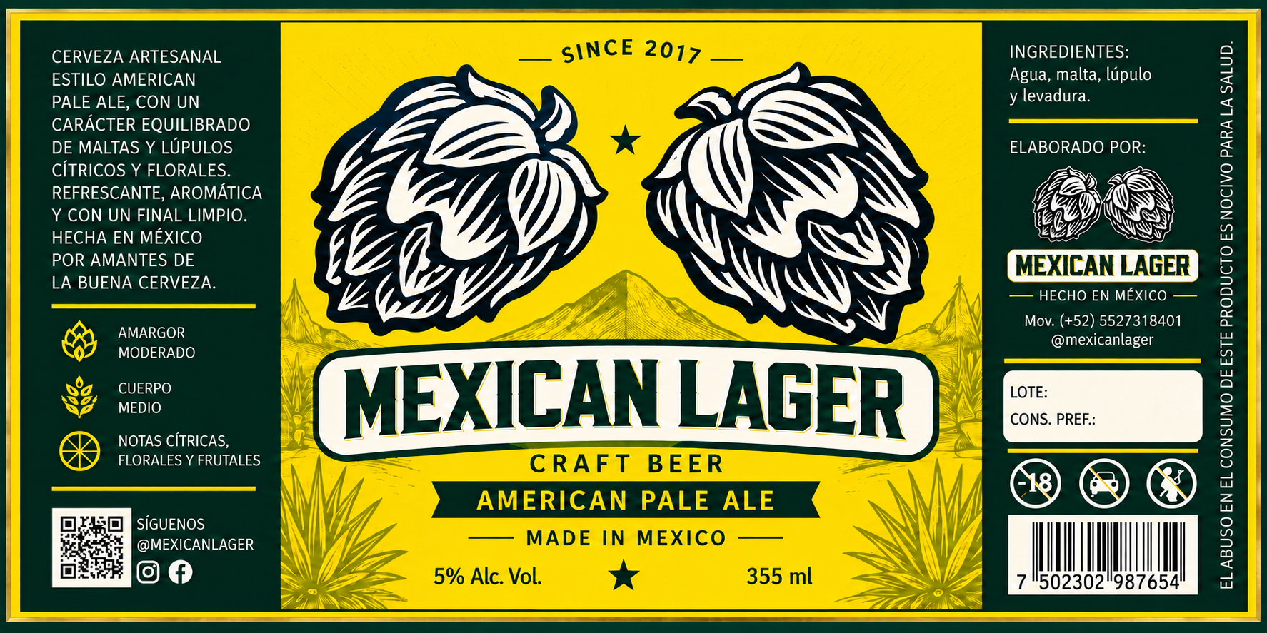 Etiqueta completa de Mexican Lager American Pale Ale con marco dorado, espacio para lote y consumo preferente